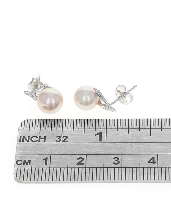 Pink Pearl and Diamond Accent Stud Earrings